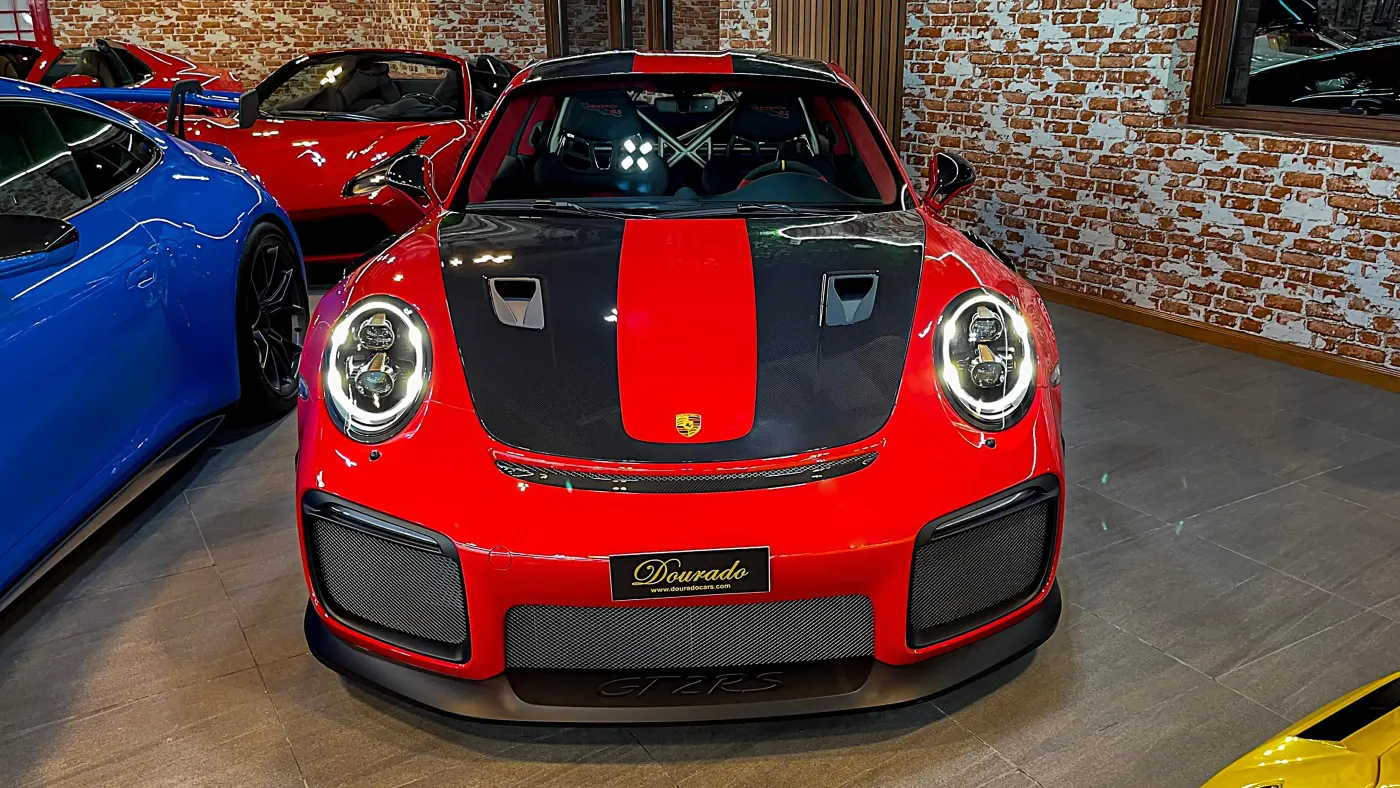 Porsche 911 GT2 RS luxury sports car showcased in UAE showroom